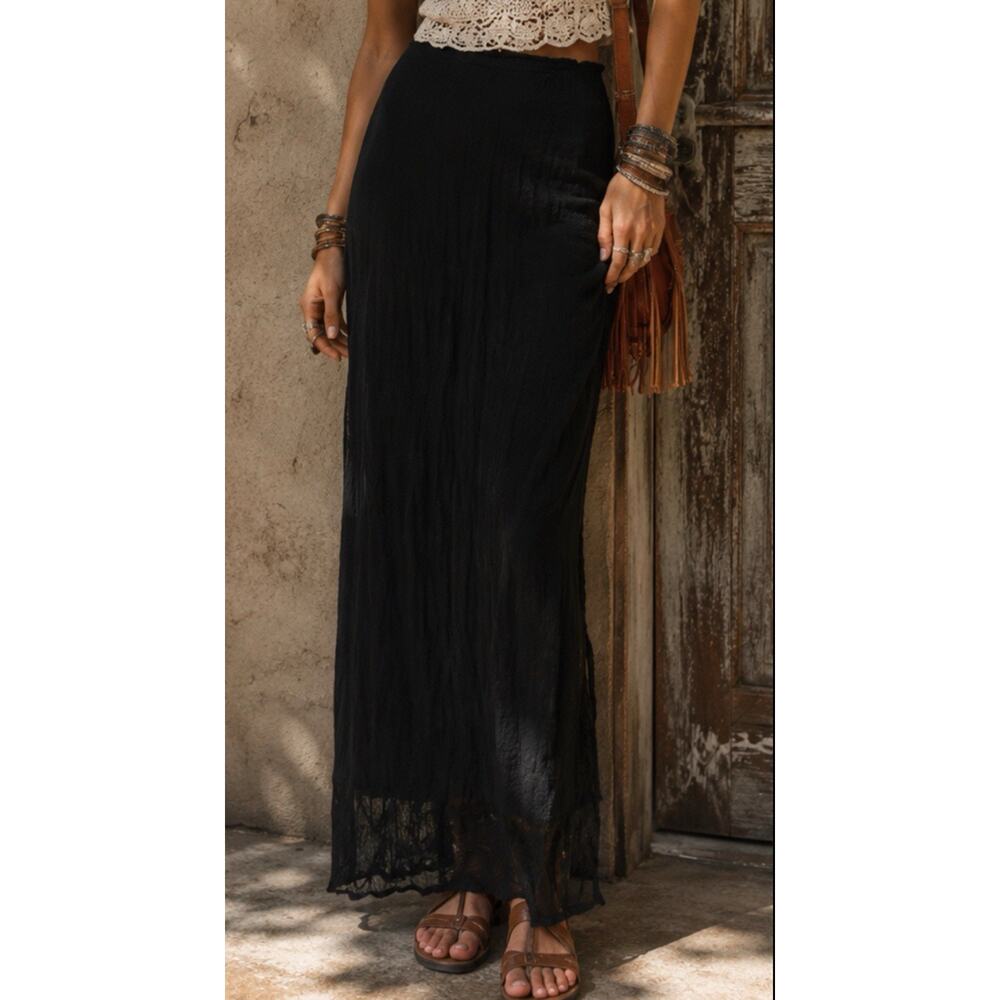 Lucy & Yak Beach Cover Up Black Sheer Gauze Maxi Skirt Boho Festival Side Slit S